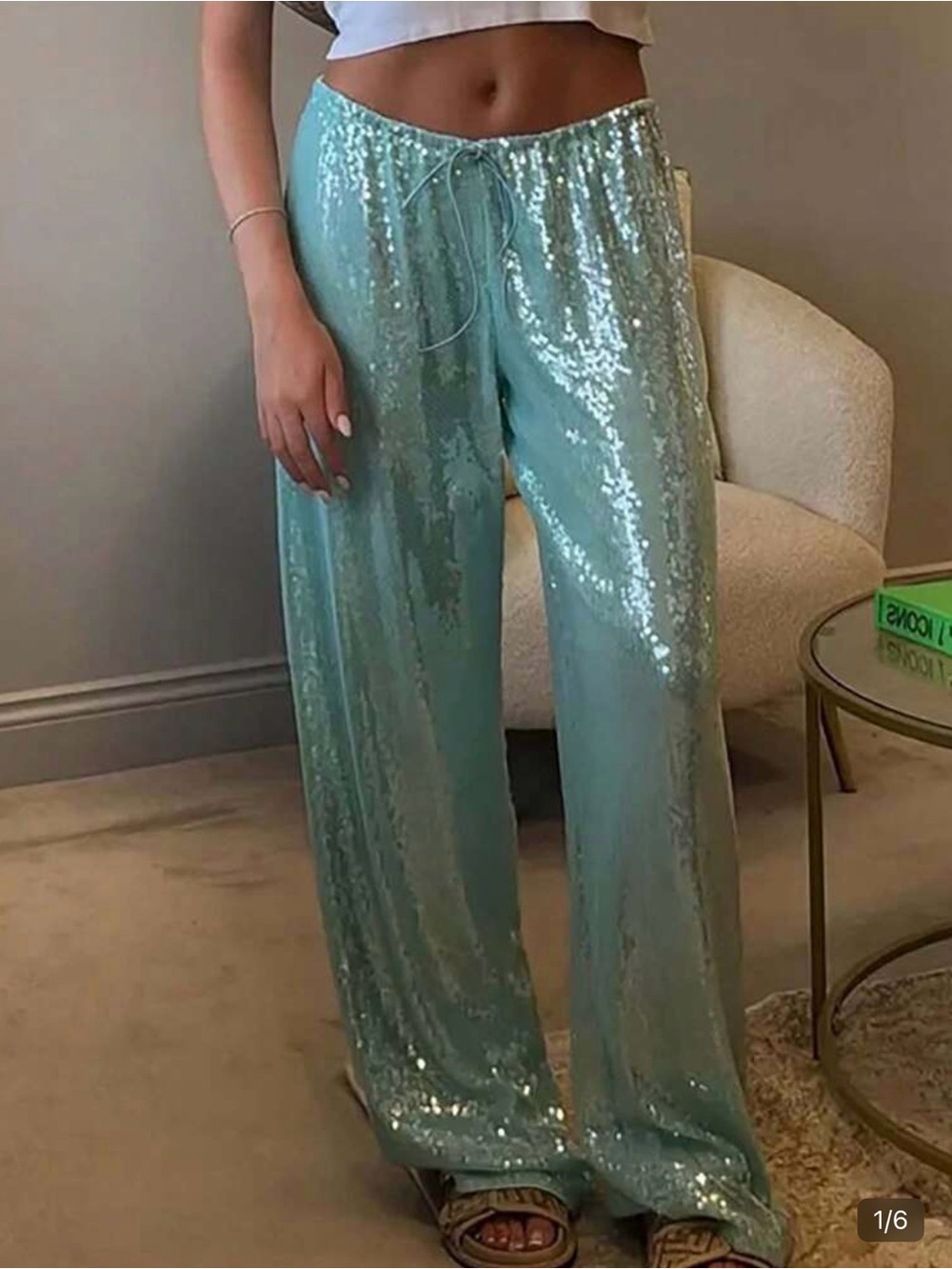 Sequined Wide-Leg Pants in Seafoam Green